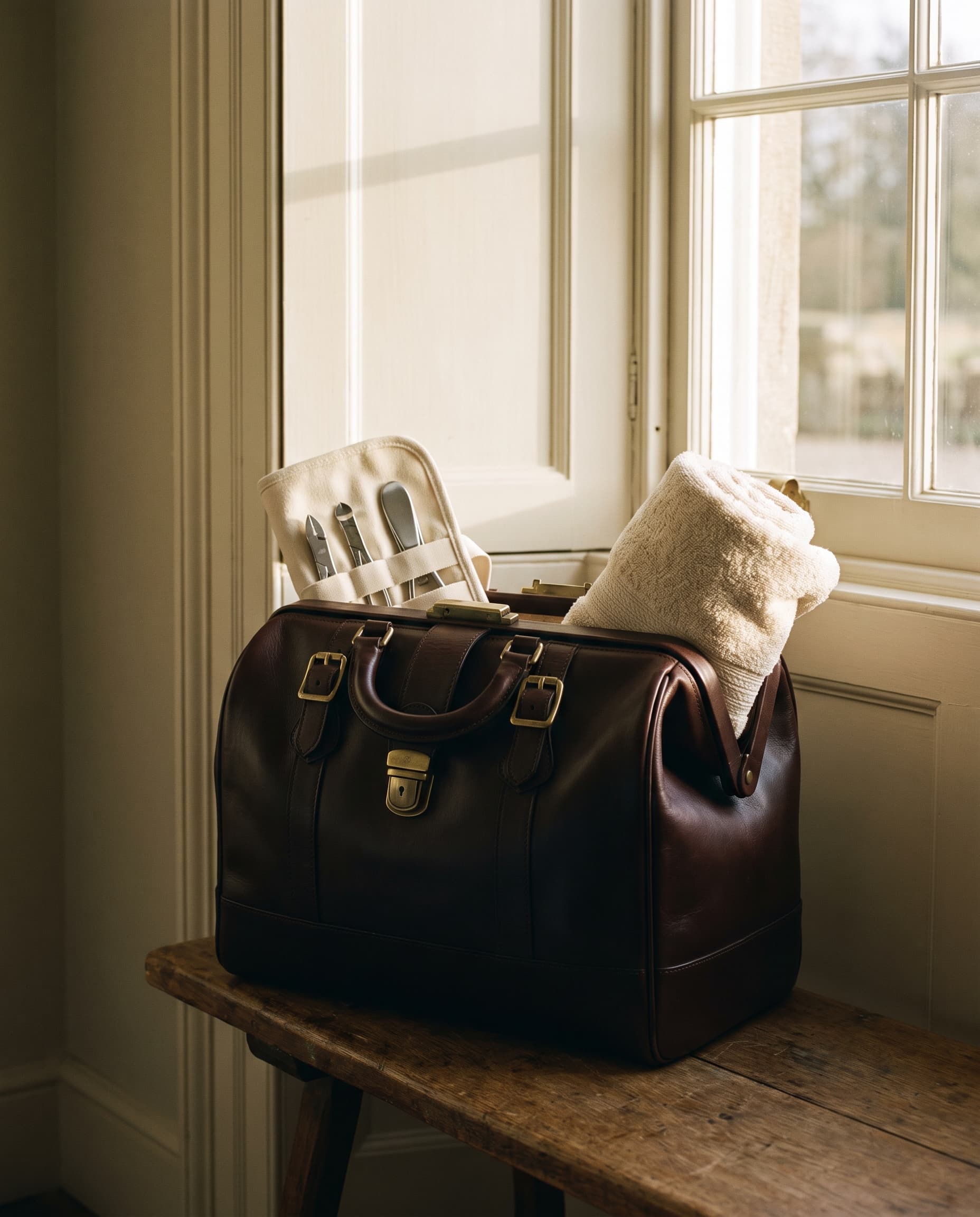 Braune Ledertasche mit einer Werkzeugrolle und einem gerollten Handtuch auf einer Holzbank am Fenster