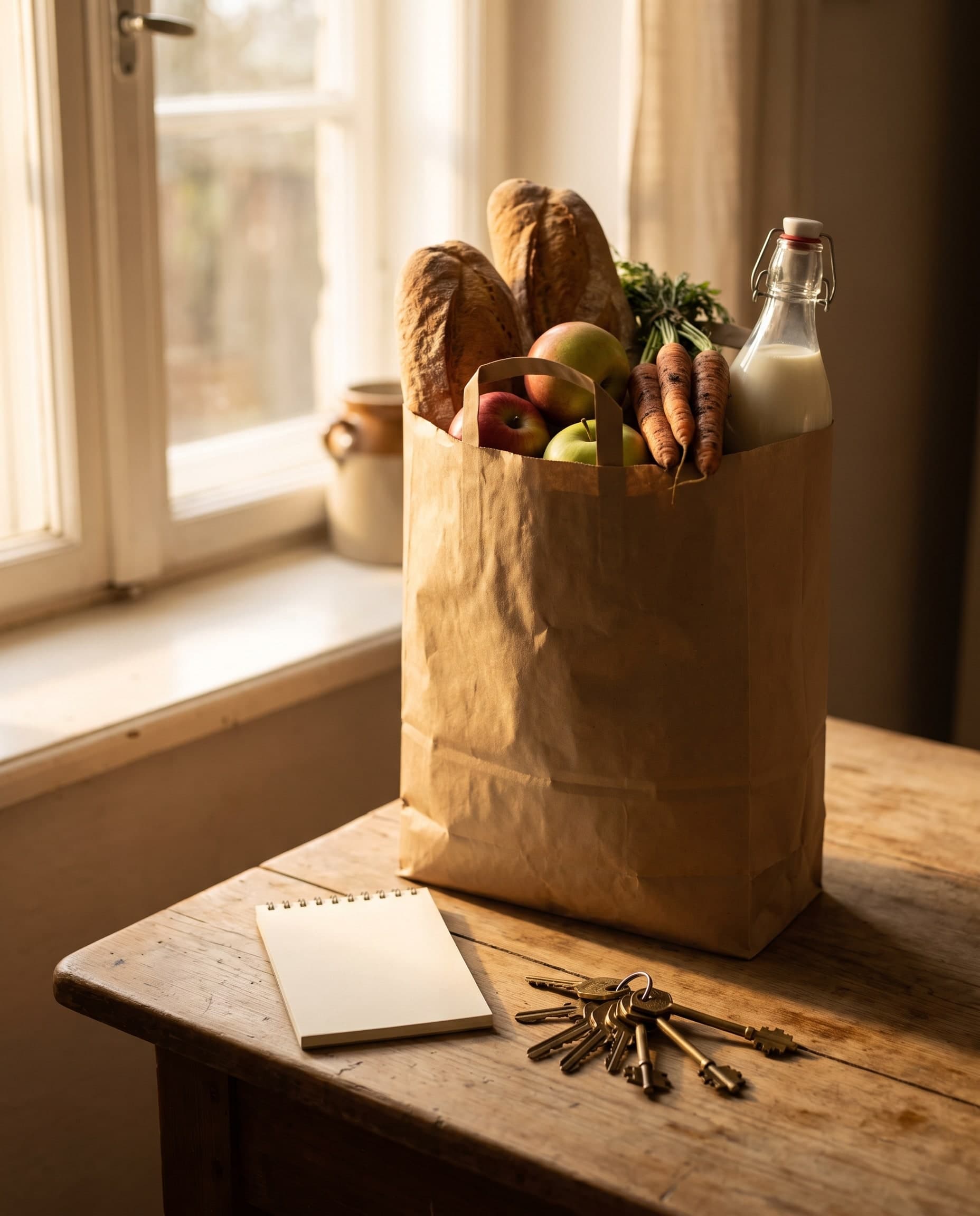 Papiertüte mit Brot, Äpfeln, Karotten und einer Flasche Milch auf einem Holztisch am Fenster, daneben ein Notizblock und ein Schlüsselbund