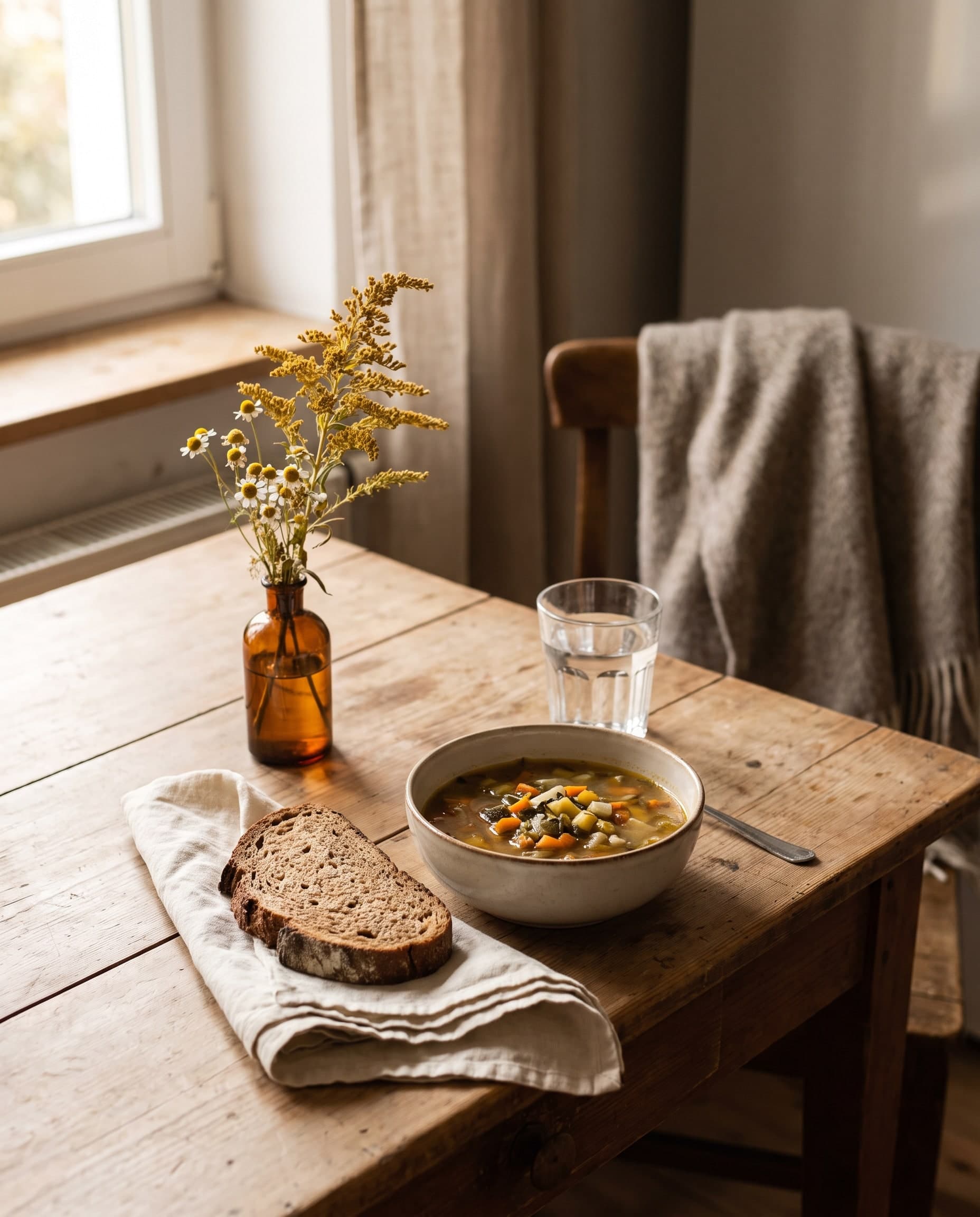 Schale Gemüsesuppe, zwei Scheiben Brot auf einer Leinenserviette, ein Glas Wasser und Wiesenblumen in einer Vase auf einem Holztisch am Fenster